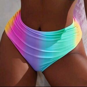 Women Bikini Swim Bottom High Waisted Size S Ruched Front Stretch Swimwear Neon